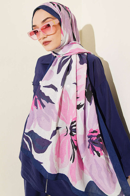 Zambak Floral Bamboo Crinkle Shawl Navy