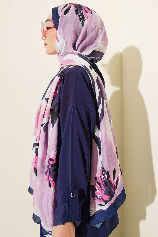 Zambak Floral Bamboo Crinkle Shawl Navy