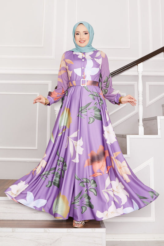 Lily Patterned Hijab Dress Lilac