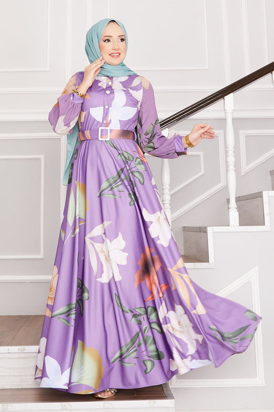 Lily Patterned Hijab Dress Lilac