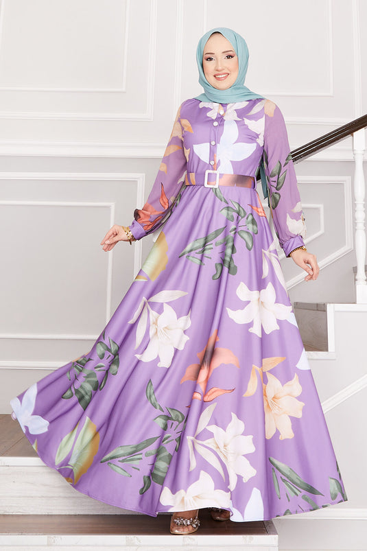 Lily Patterned Hijab Dress Lilac
