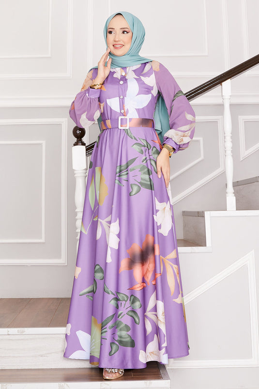 Lily Patterned Hijab Dress Lilac