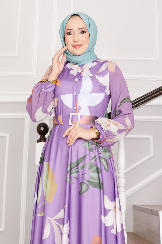 Lily Patterned Hijab Dress Lilac