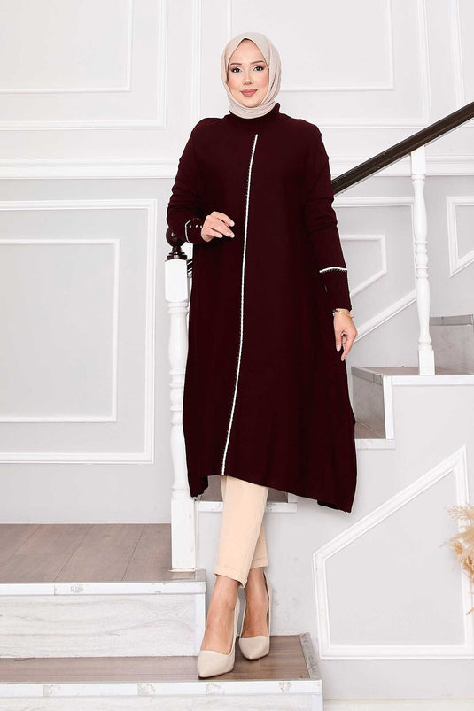 Elegant Glitter Striped Mevlana Knit Tunic Burgundy