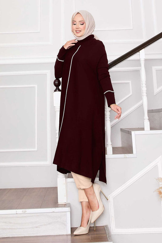 Elegant Glitter Striped Mevlana Knit Tunic Burgundy