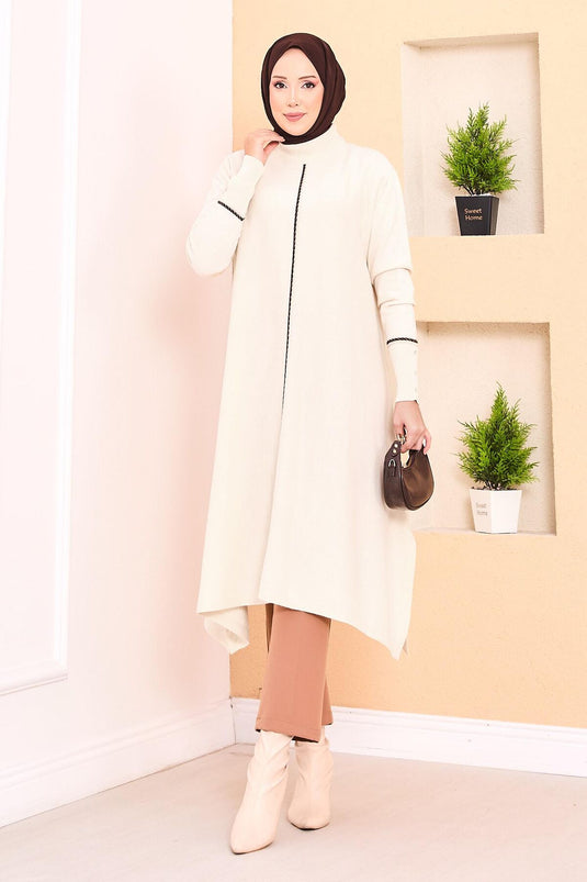 Tunique élégante en maille Mevlana à rayures pailletées écru