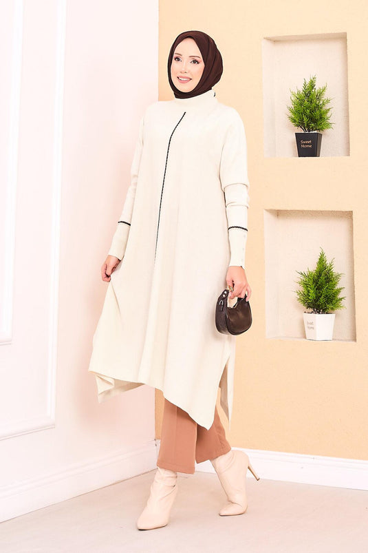 Elegant Glitter Striped Mevlana Knit Tunic Ecru