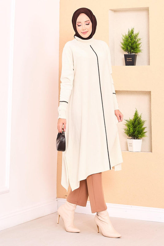 Elegant Glitter Striped Mevlana Knit Tunic Ecru