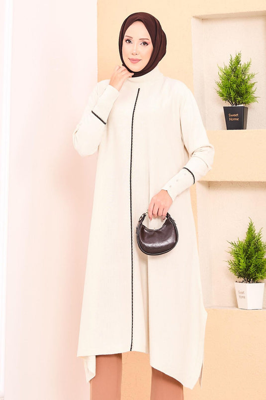 Tunique élégante en maille Mevlana à rayures pailletées écru