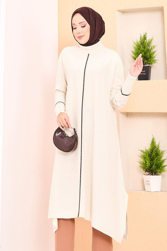 Elegant Glitter Striped Mevlana Knit Tunic Ecru