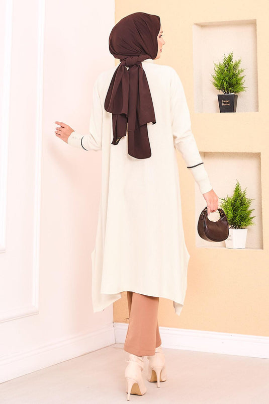 Elegant Glitter Striped Mevlana Knit Tunic Ecru