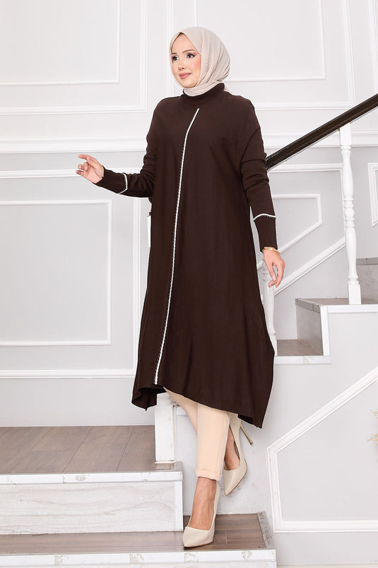 Tunique élégante en tricot Mevlana à rayures pailletées marron