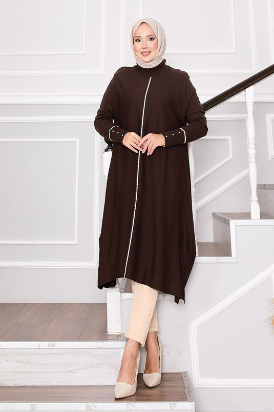 Tunique élégante en tricot Mevlana à rayures pailletées marron