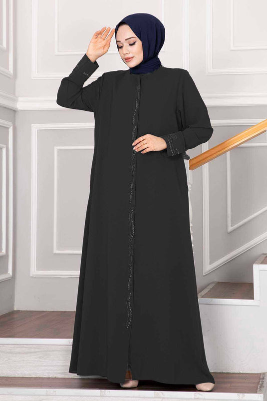 Elegant Stone Detailed Hijab Abaya in Smoke Color
