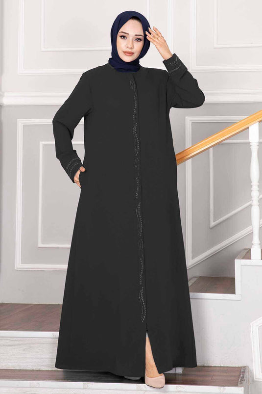 Elegant Stone Detailed Hijab Abaya in Smoke Color