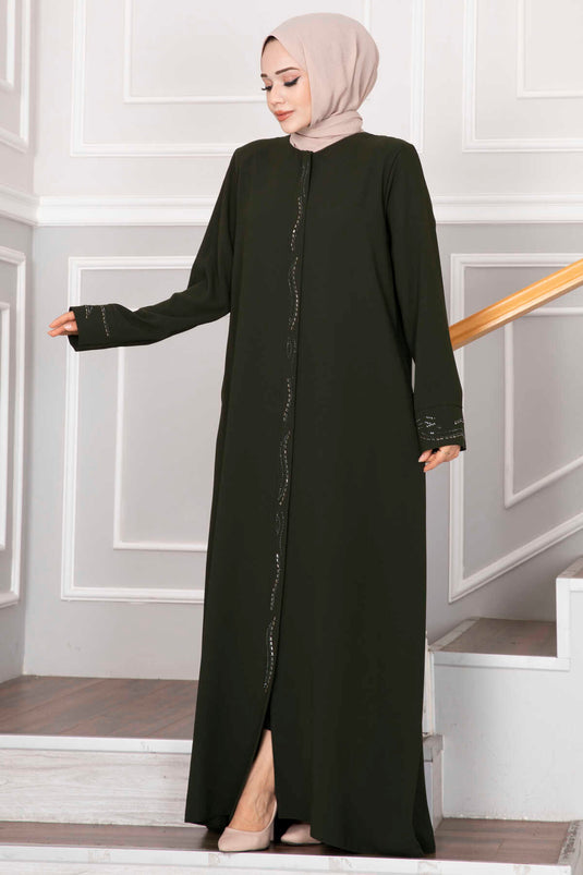 Elegant Stone Detailed Hijab Abaya Khaki