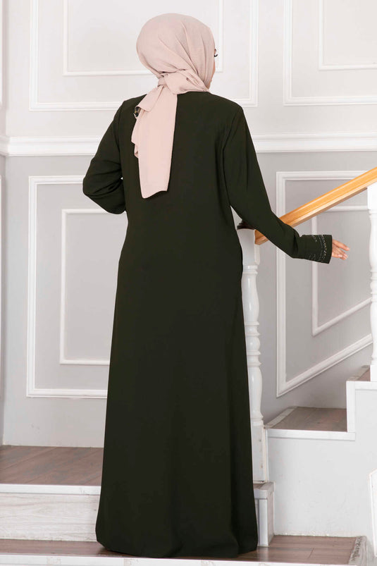 Elegant Stone Detailed Hijab Abaya Khaki