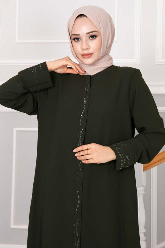 Elegant Stone Detailed Hijab Abaya Khaki