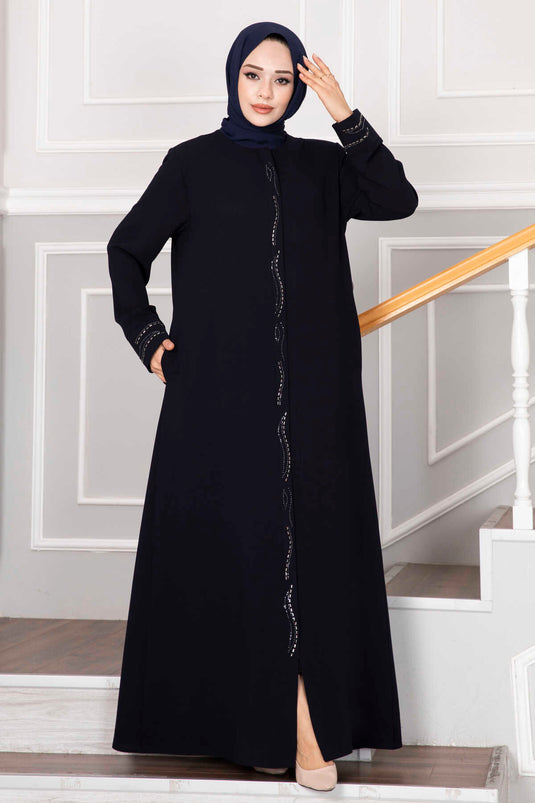Elegant Stone Detailed Hijab Abaya Navy Blue