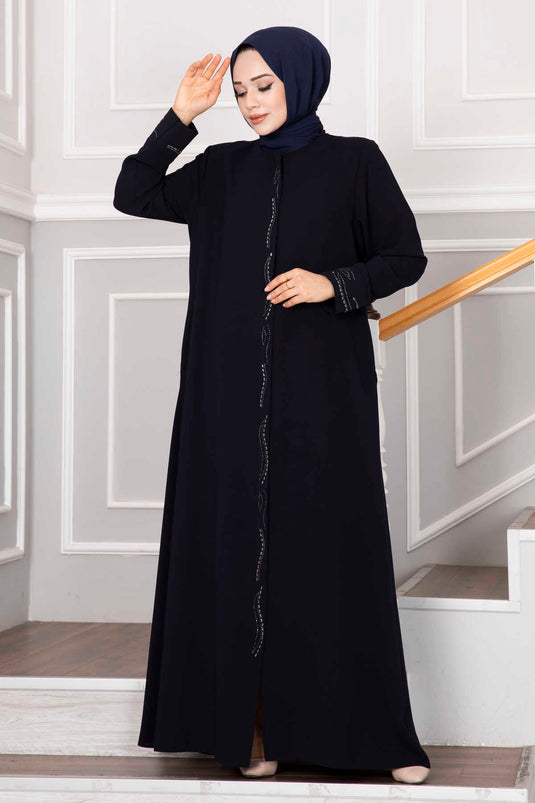 Elegant Stone Detailed Hijab Abaya Navy Blue