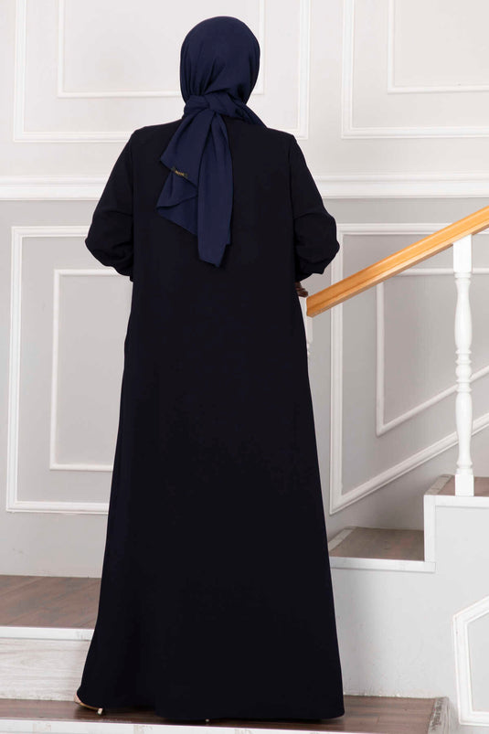 Elegant Stone Detailed Hijab Abaya Navy Blue