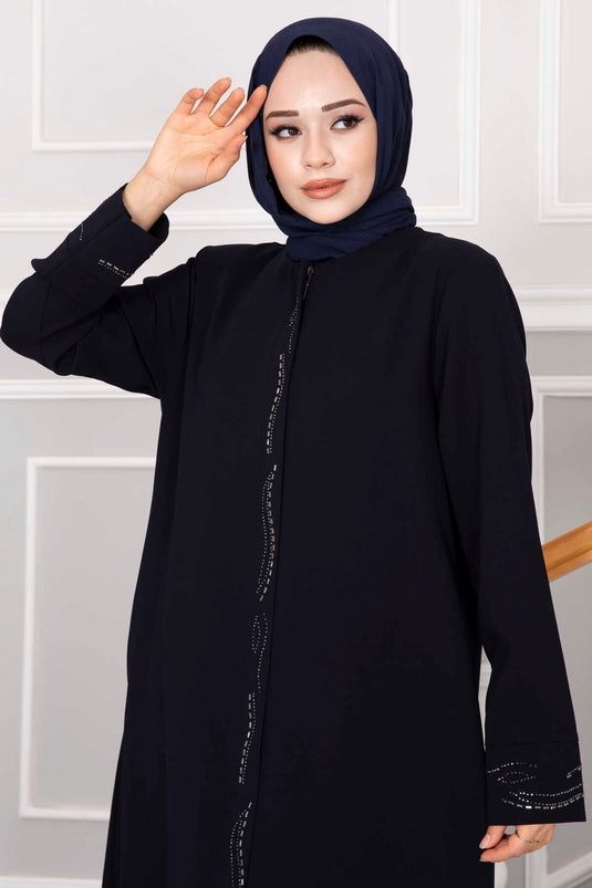 Elegant Stone Detailed Hijab Abaya Navy Blue