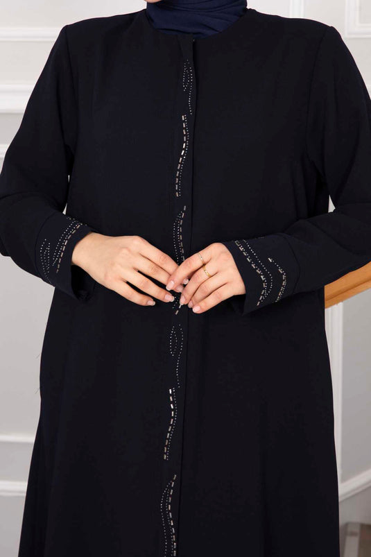 Elegant Stone Detailed Hijab Abaya Navy Blue