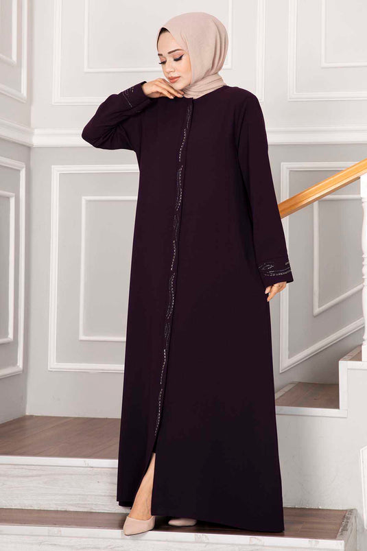 Elegant Stone Detailed Hijab Abaya Plum