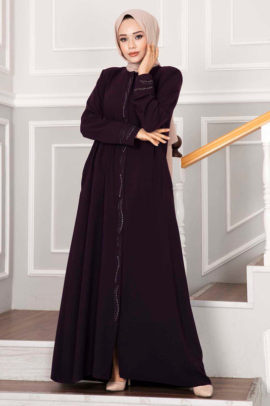 Elegant Stone Detailed Hijab Abaya Plum