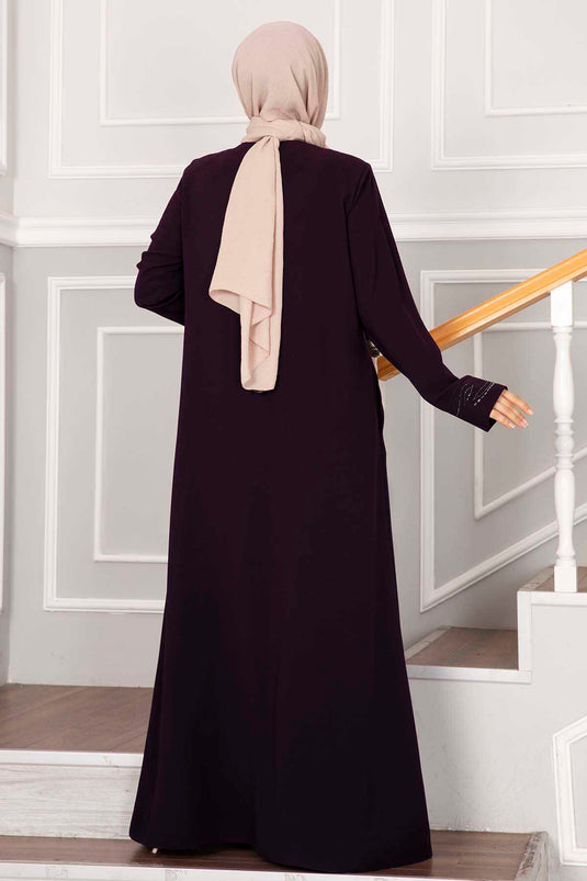 Elegant Stone Detailed Hijab Abaya Plum