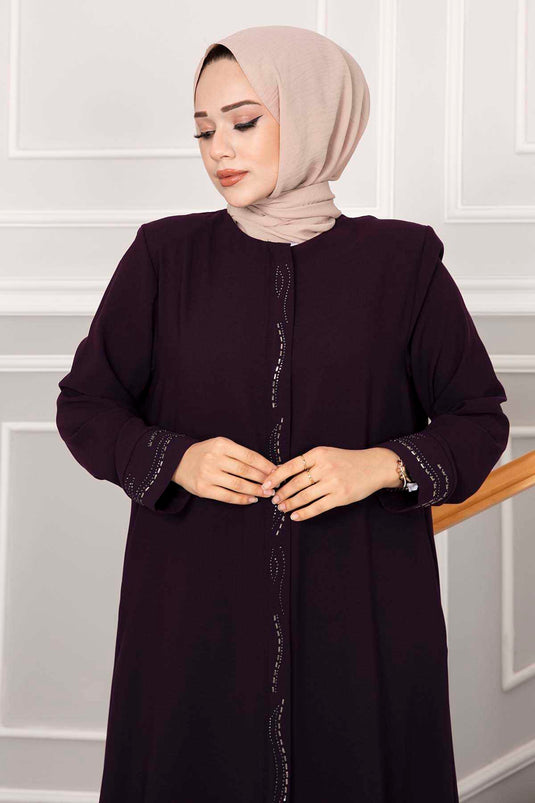 Elegant Stone Detailed Hijab Abaya Plum