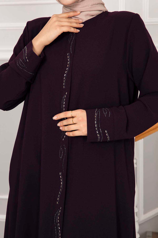 Elegant Stone Detailed Hijab Abaya Plum