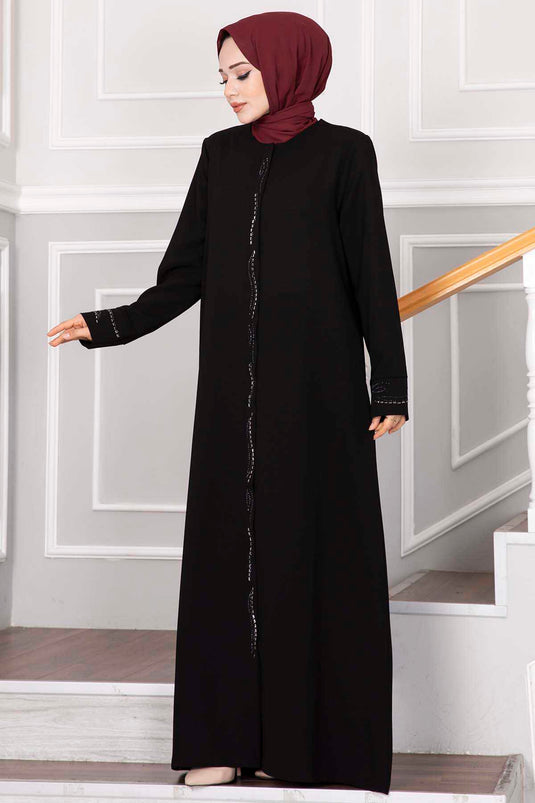 Elegant Stone Detailed Hijab Abaya Black