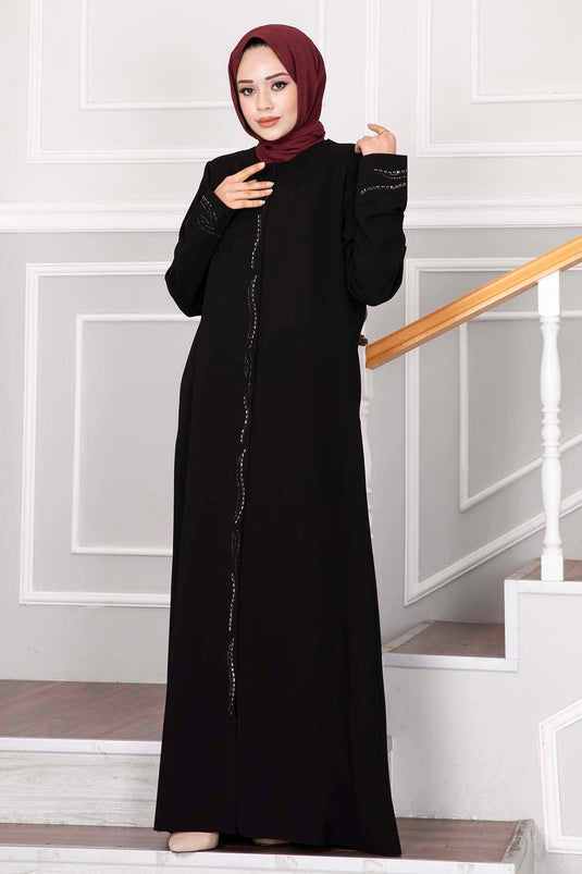Elegant Stone Detailed Hijab Abaya Black