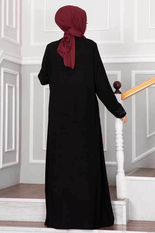 Elegant Stone Detailed Hijab Abaya Black