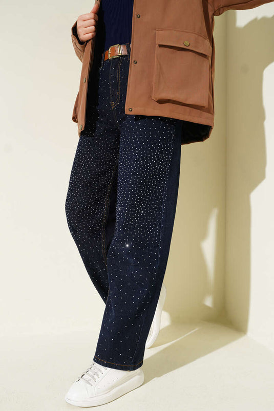 Geniş Paça Taşlı Kemerli Kot Pantolon Lacivert