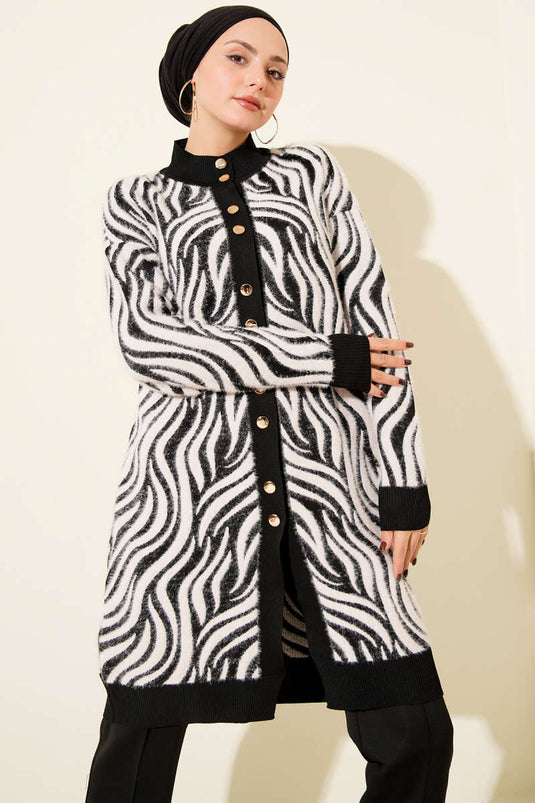 Zebra Desen Angora Detaylı Triko Hırka Siyah