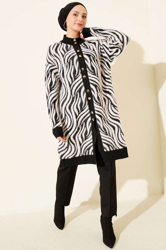 Zebra Desen Angora Detaylı Triko Hırka Siyah