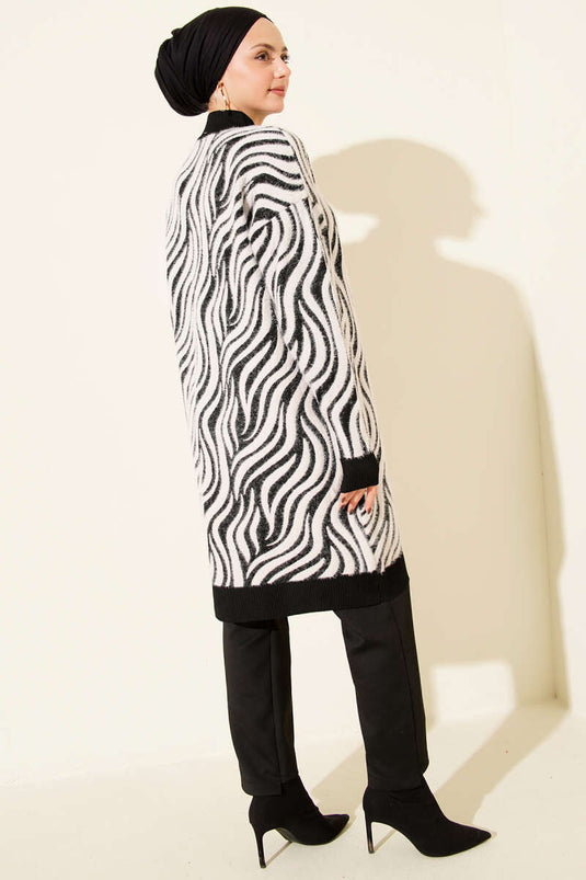 Zebra Desen Angora Detaylı Triko Hırka Siyah