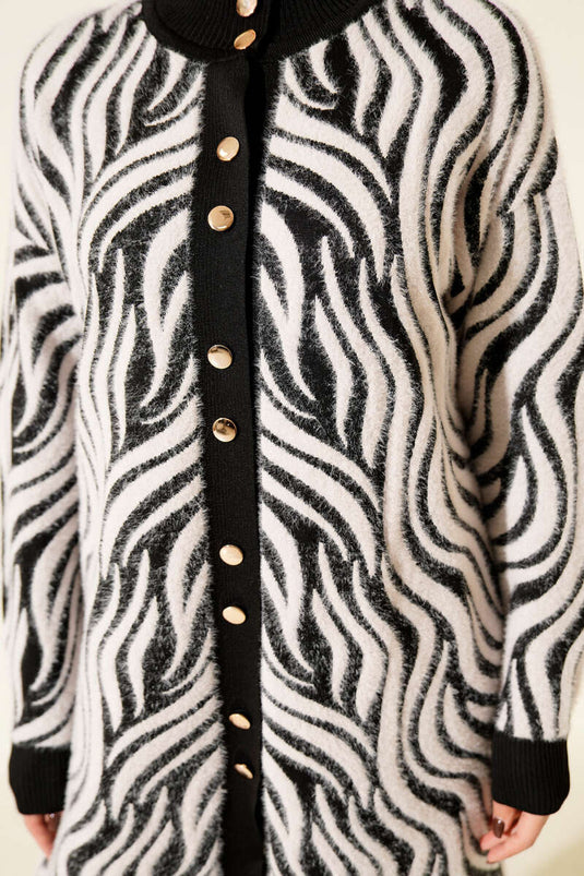 Zebra Desen Angora Detaylı Triko Hırka Siyah