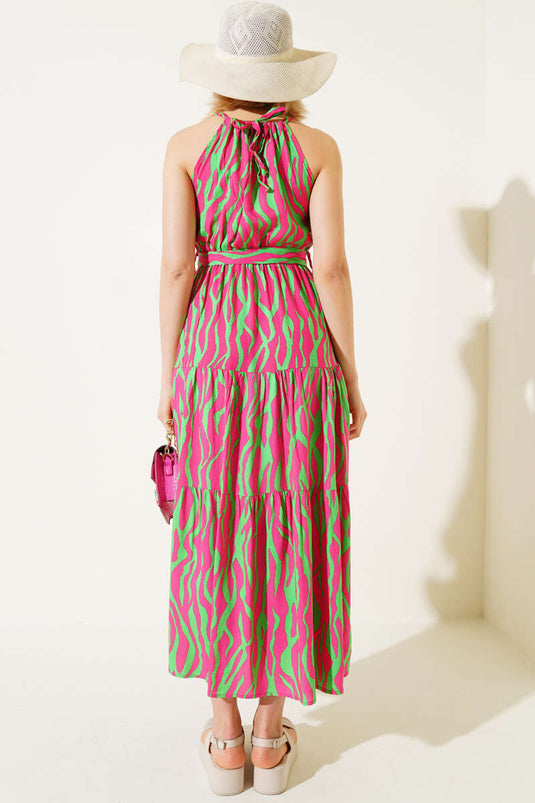Zebra Pattern Neck Tie Sleeveless Dress Fuchsia