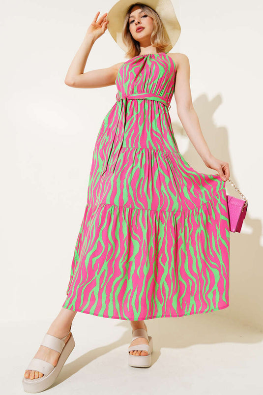 Zebra Desen Boyun Bağlamalı Kolsuz Elbise Fuşya