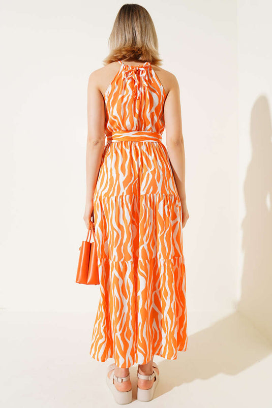 Zebra Pattern Neck Tie Sleeveless Dress Orange