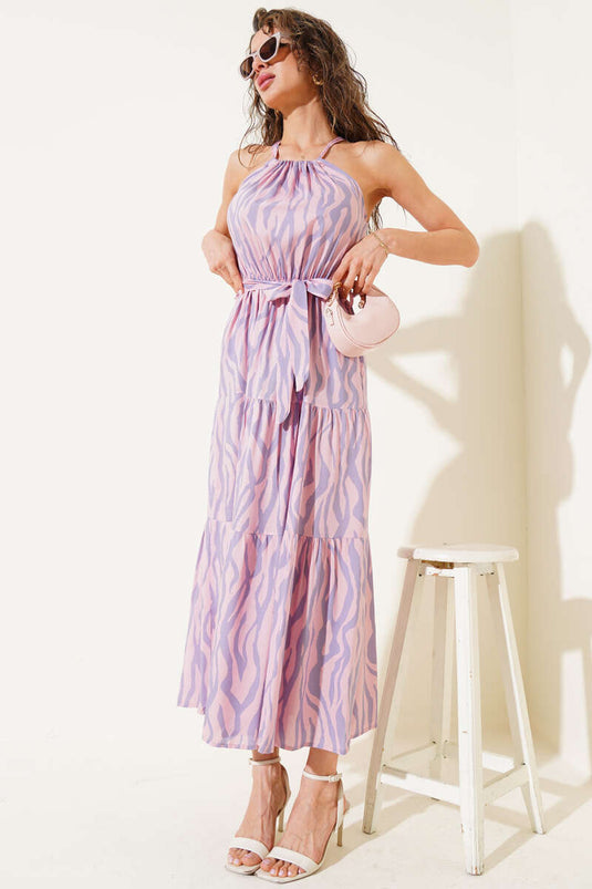 فستان بدون أكمام بربطة عنق ونمط حمار وحشي