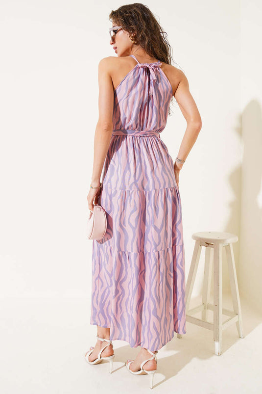 فستان بدون أكمام بربطة عنق ونمط حمار وحشي