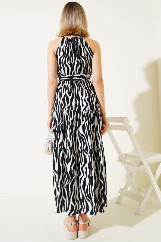 Zebra Pattern Neck Tie Sleeveless Dress Black
