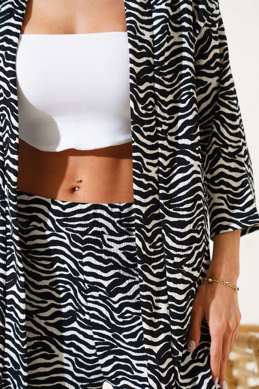 طقم كيمونو من الكريب بنقشة حمار الوحش، قطعتين، أسود