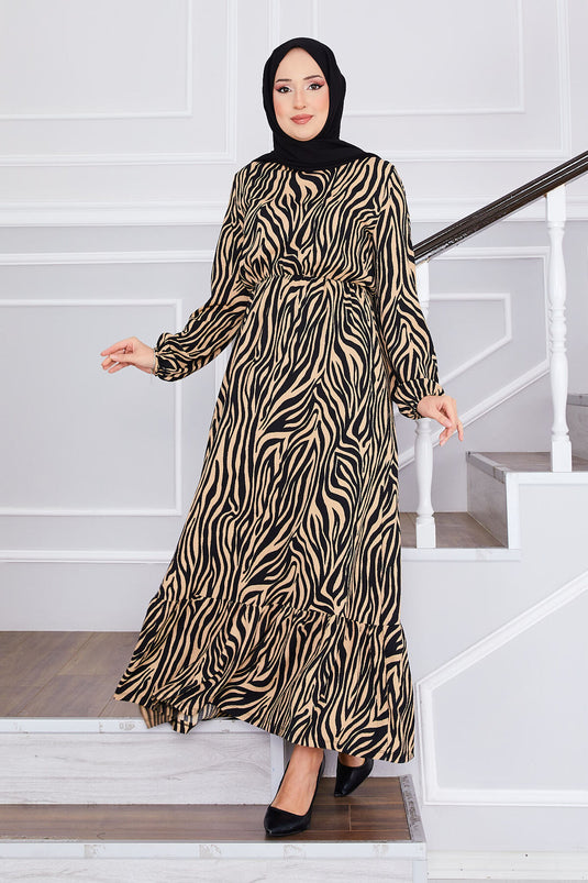 Zebra Pattern Crepe Hijab Dress Black