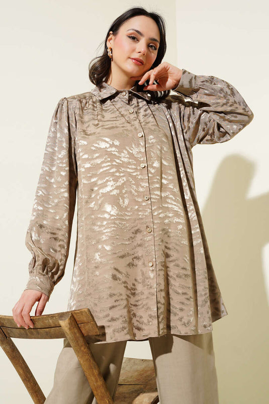 Zebra Pattern Jacquard Tunic Two Piece Set Beige