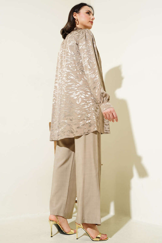 Zebra Pattern Jacquard Tunic Two Piece Set Beige